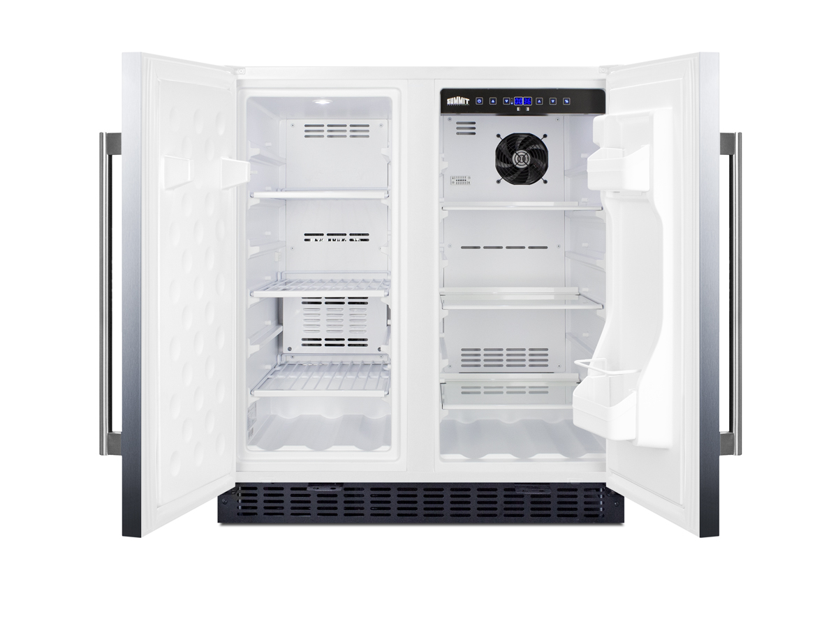 Frost-free side-by-side refrigerator-freezer for built-in or freestanding use wrapped stainless steel exterior, door storage, and digital controls
